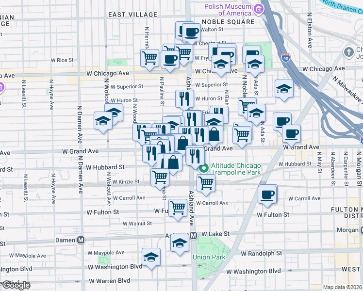 map of restaurants, bars, coffee shops, grocery stores, and more near 1607 West Grand Avenue in Chicago