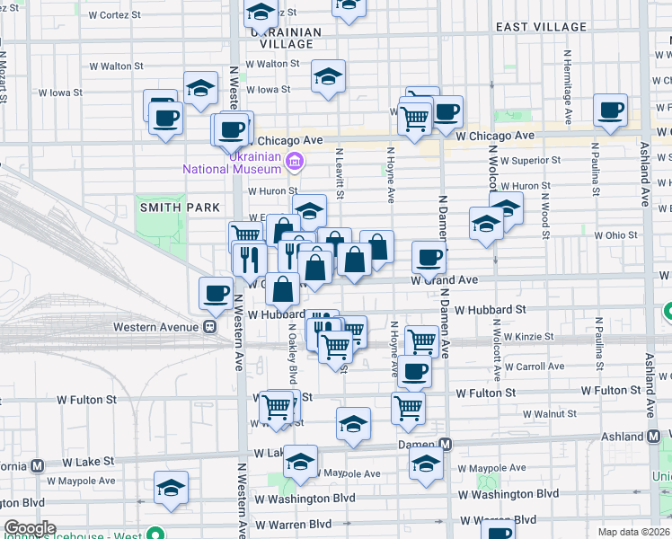map of restaurants, bars, coffee shops, grocery stores, and more near 2224 West Grand Avenue in Chicago