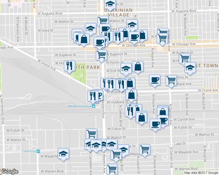 map of restaurants, bars, coffee shops, grocery stores, and more near 2331 West Grand Avenue in Chicago