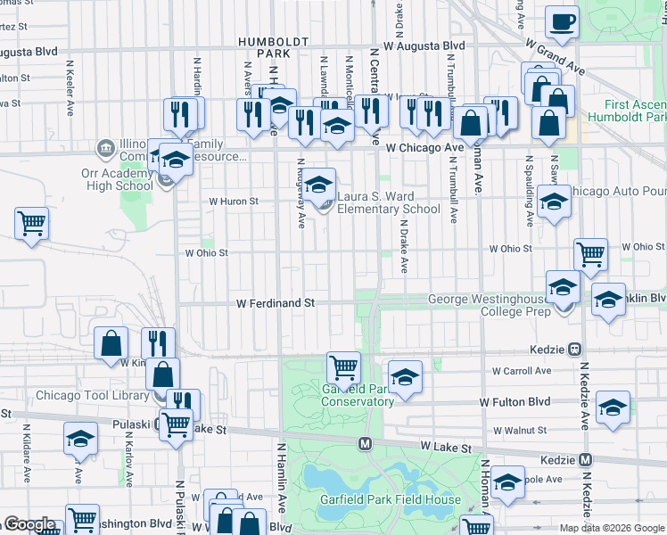 map of restaurants, bars, coffee shops, grocery stores, and more near 519 North Lawndale Avenue in Chicago