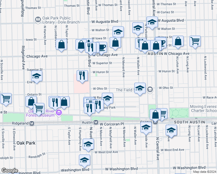 map of restaurants, bars, coffee shops, grocery stores, and more near 5904 West Race Avenue in Chicago