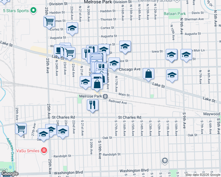 map of restaurants, bars, coffee shops, grocery stores, and more near 1708 Main Street in Melrose Park