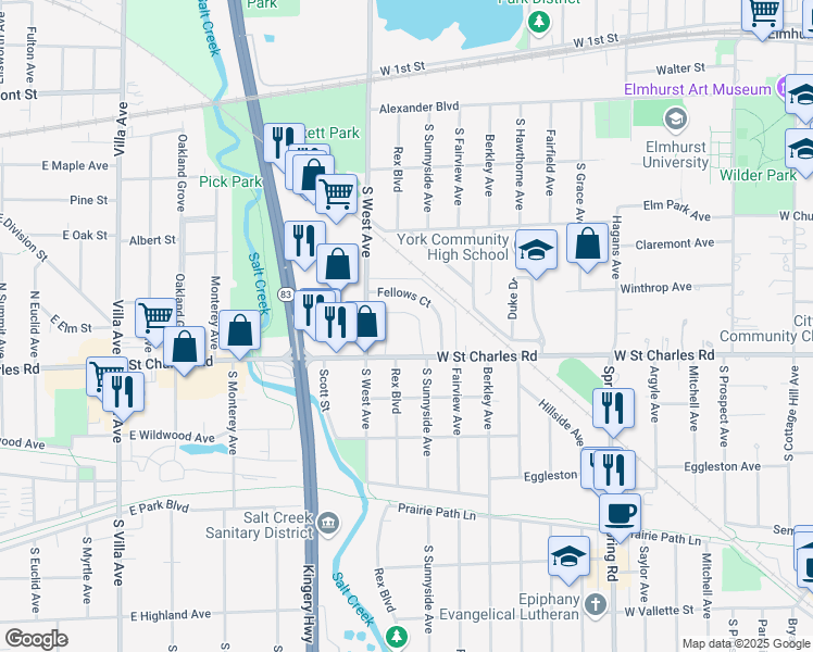 map of restaurants, bars, coffee shops, grocery stores, and more near 509 West Saint Charles Road in Elmhurst