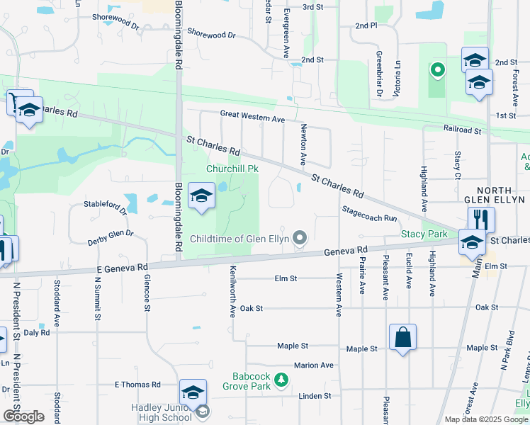 map of restaurants, bars, coffee shops, grocery stores, and more near 848 Evergreen Avenue in Glen Ellyn