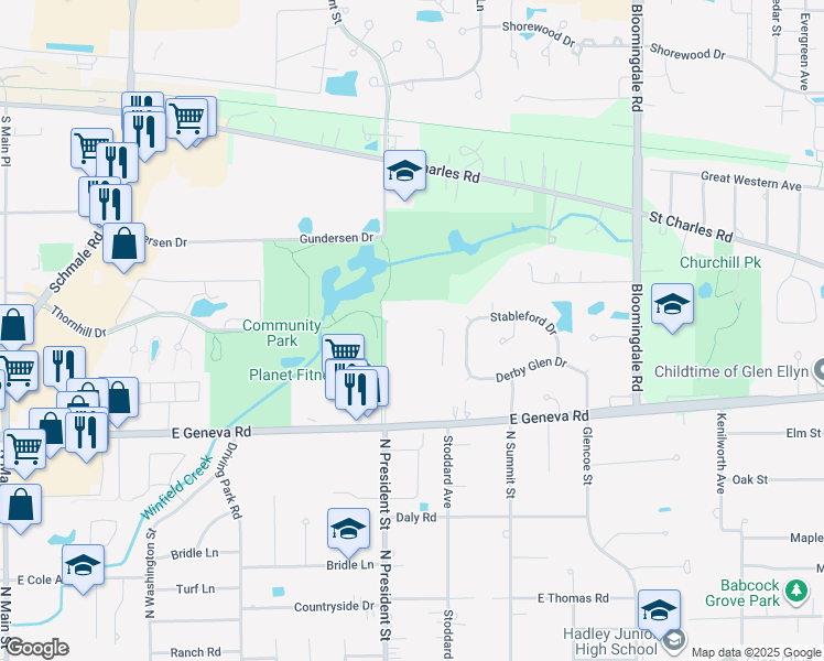 map of restaurants, bars, coffee shops, grocery stores, and more near 516 Timber Ridge Drive in Carol Stream