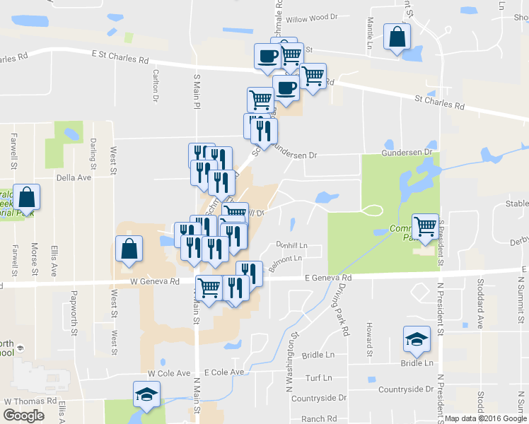 map of restaurants, bars, coffee shops, grocery stores, and more near 535 Thornhill Drive in Carol Stream