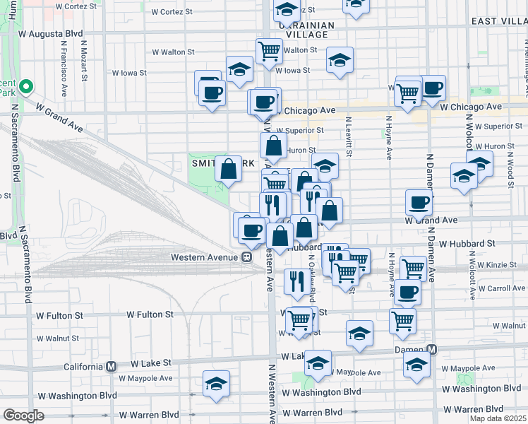 map of restaurants, bars, coffee shops, grocery stores, and more near in Chicago