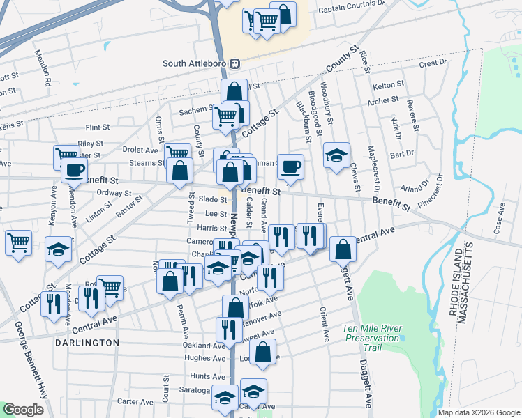 map of restaurants, bars, coffee shops, grocery stores, and more near 395 Grand Avenue in Pawtucket