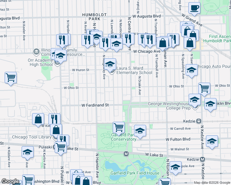 map of restaurants, bars, coffee shops, grocery stores, and more near 519 North Lawndale Avenue in Chicago