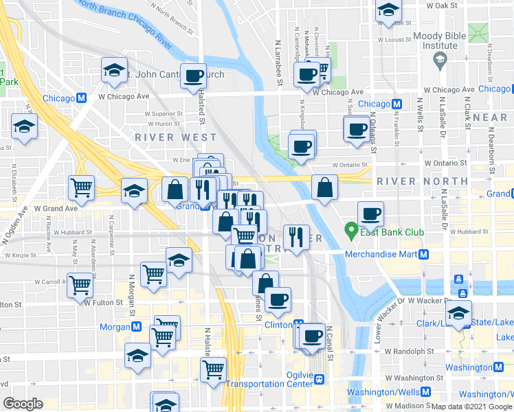map of restaurants, bars, coffee shops, grocery stores, and more near W Grand Ave & N Desplaines St in Chicago