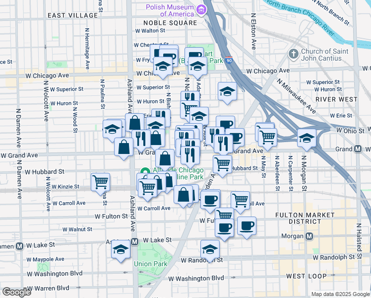 map of restaurants, bars, coffee shops, grocery stores, and more near 1410 West Ferdinand Street in Chicago