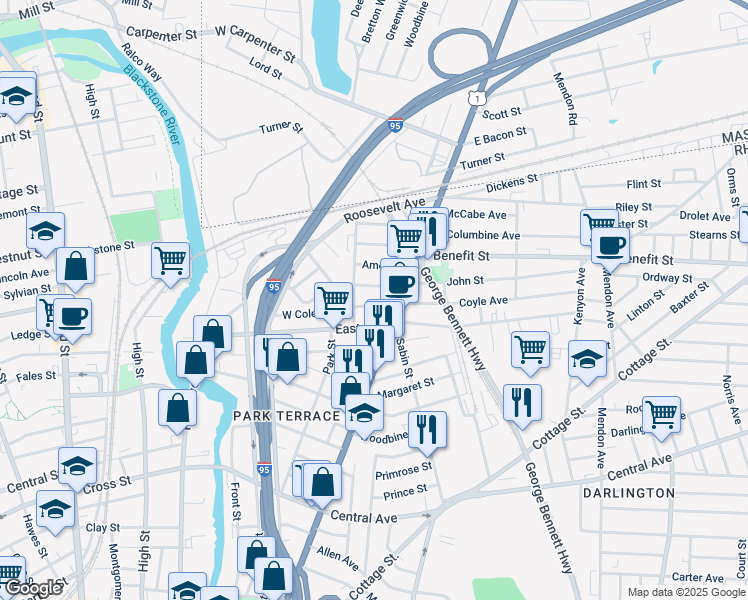 map of restaurants, bars, coffee shops, grocery stores, and more near 18 Coyle Avenue in Pawtucket