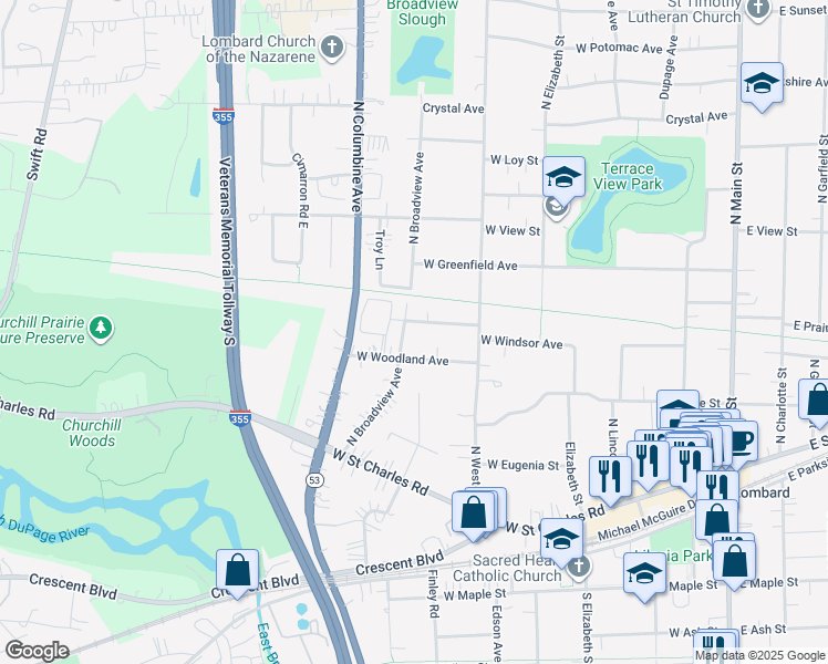 map of restaurants, bars, coffee shops, grocery stores, and more near 448 West Woodland Avenue in Lombard