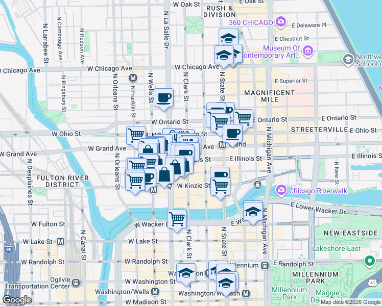 map of restaurants, bars, coffee shops, grocery stores, and more near 511 North Clark Street in Chicago