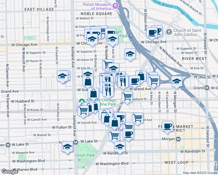 map of restaurants, bars, coffee shops, grocery stores, and more near in Chicago