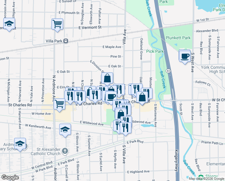 map of restaurants, bars, coffee shops, grocery stores, and more near 328 East Elm Street in Villa Park