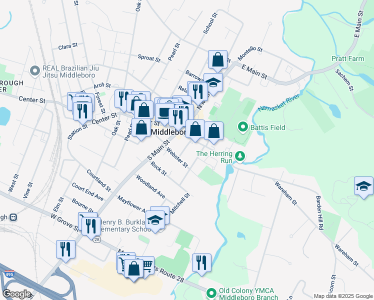 map of restaurants, bars, coffee shops, grocery stores, and more near 12 Wareham Street in Middleborough