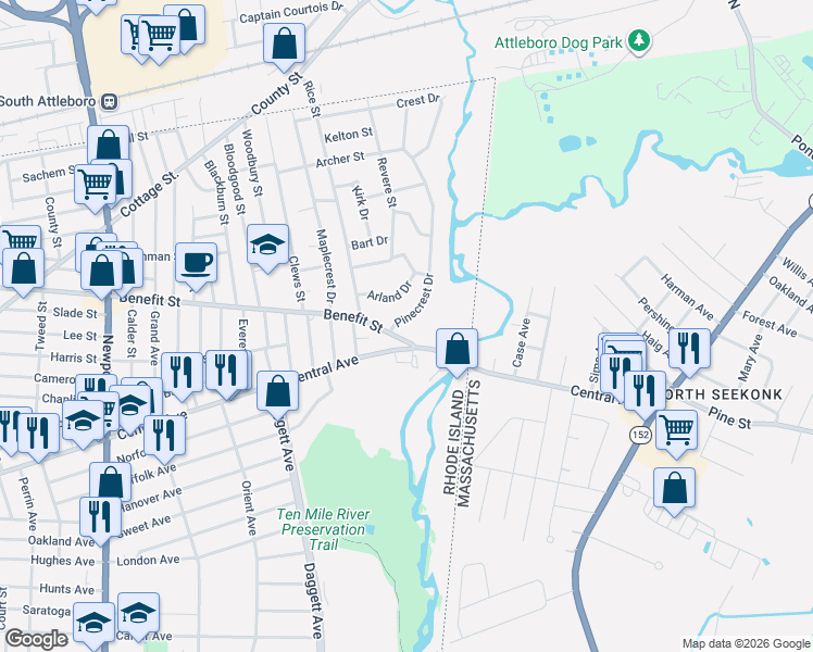 map of restaurants, bars, coffee shops, grocery stores, and more near 29 Arland Drive in Pawtucket