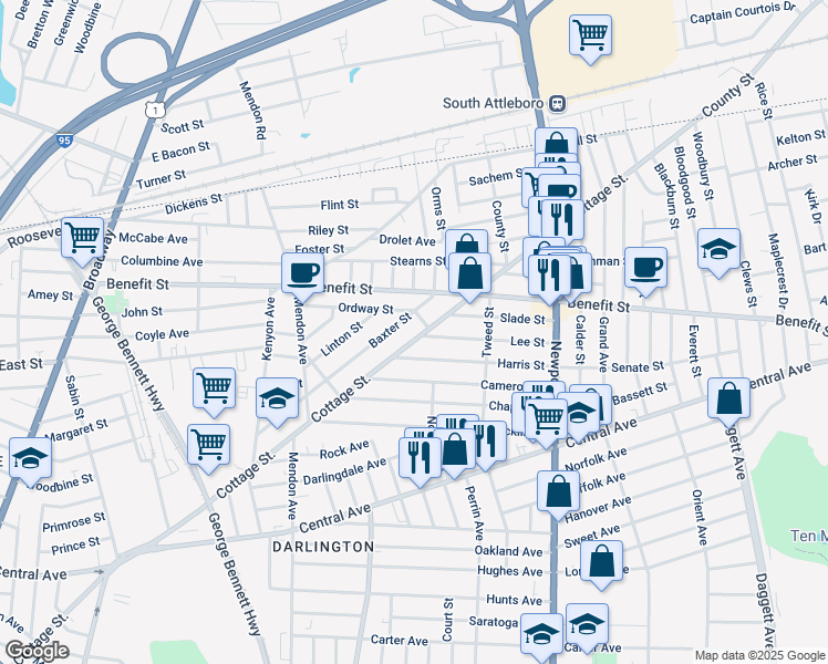 map of restaurants, bars, coffee shops, grocery stores, and more near 94 Ordway Street in Pawtucket
