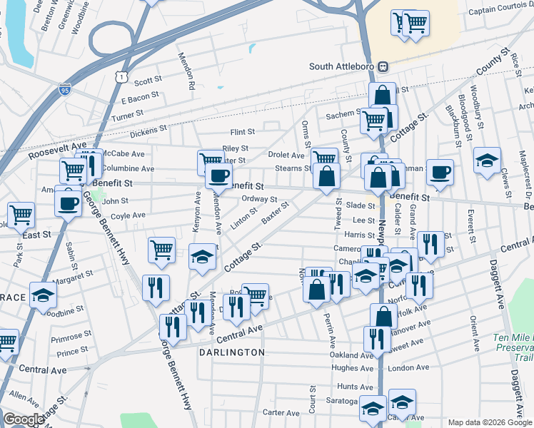 map of restaurants, bars, coffee shops, grocery stores, and more near 66 Ordway Street in Pawtucket
