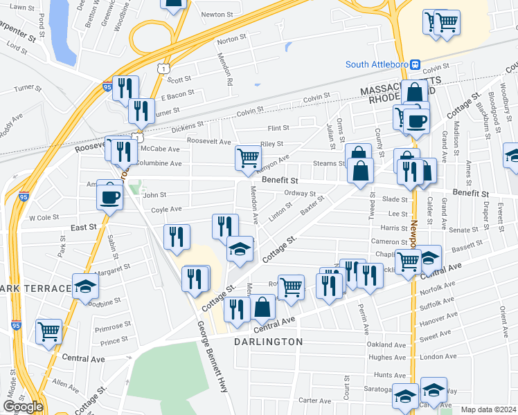 map of restaurants, bars, coffee shops, grocery stores, and more near 1 Ordway Street in Pawtucket