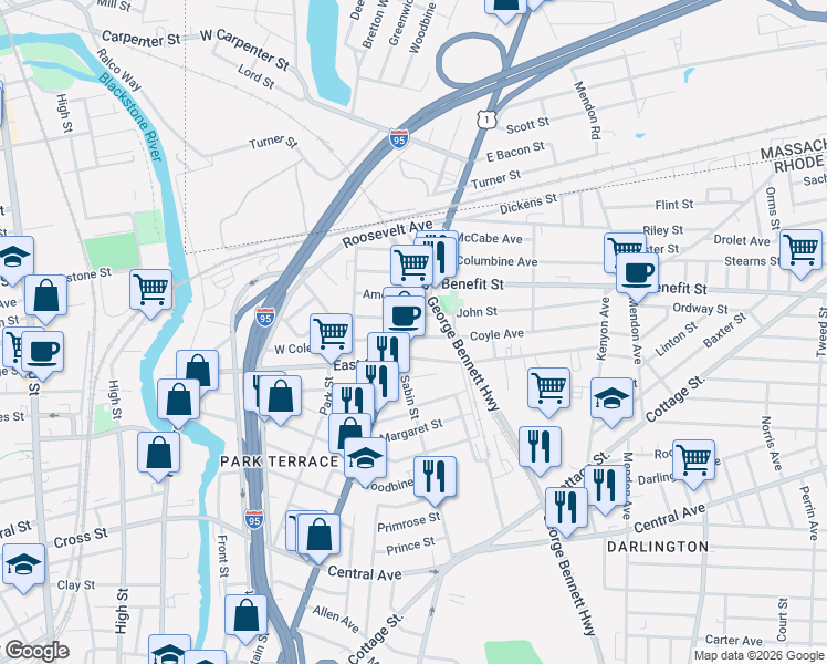 map of restaurants, bars, coffee shops, grocery stores, and more near 37 Amey Street in Pawtucket