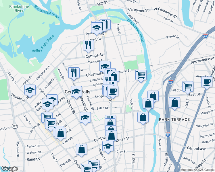 map of restaurants, bars, coffee shops, grocery stores, and more near 14 Lincoln Avenue in Central Falls