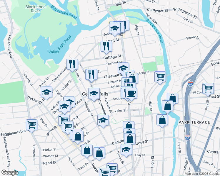 map of restaurants, bars, coffee shops, grocery stores, and more near 65 Lincoln Avenue in Central Falls