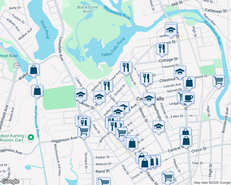 map of restaurants, bars, coffee shops, grocery stores, and more near 473 Hunt Street in Central Falls