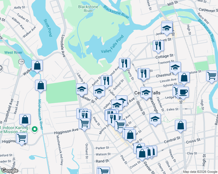 map of restaurants, bars, coffee shops, grocery stores, and more near 237 Shawmut Avenue in Central Falls