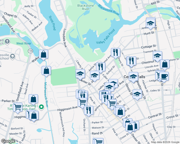 map of restaurants, bars, coffee shops, grocery stores, and more near 38 Aetna Street in Central Falls