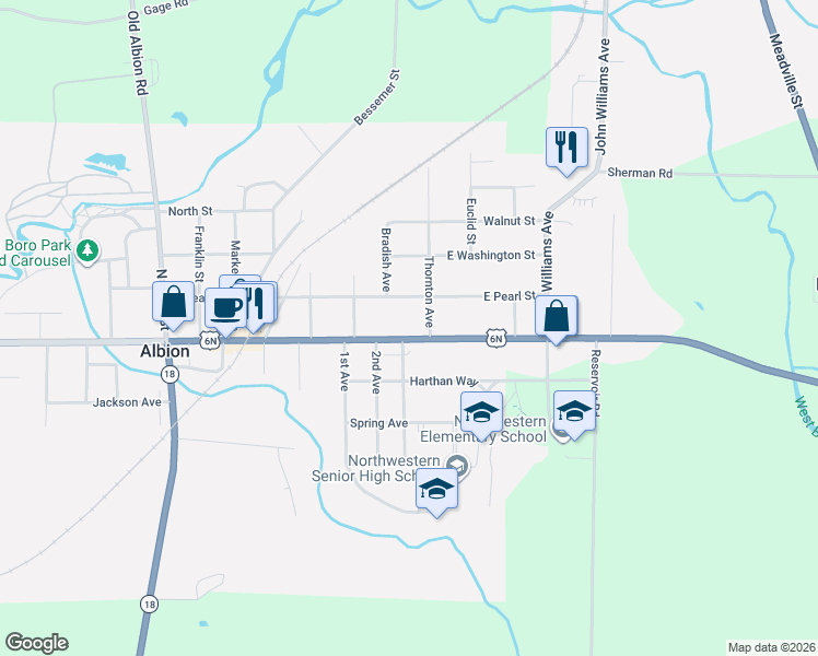 map of restaurants, bars, coffee shops, grocery stores, and more near 215 East Pearl Street in Albion