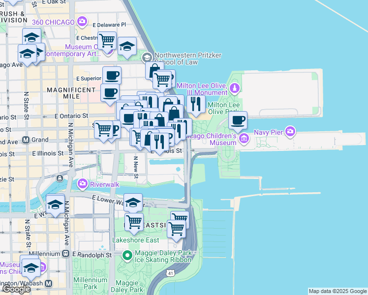 map of restaurants, bars, coffee shops, grocery stores, and more near 530 East Grand Avenue in Chicago