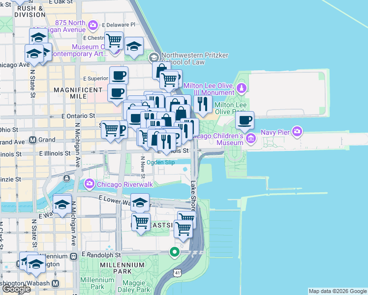 map of restaurants, bars, coffee shops, grocery stores, and more near 530 East Grand Avenue in Chicago