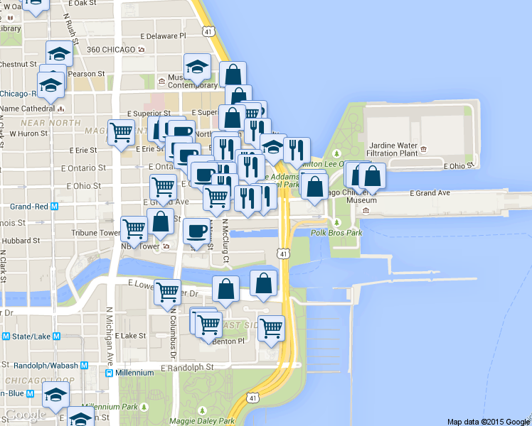 map of restaurants, bars, coffee shops, grocery stores, and more near 530 East Grand Avenue in Chicago