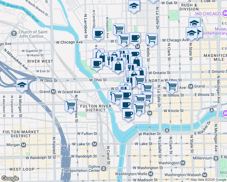 map of restaurants, bars, coffee shops, grocery stores, and more near 420 West Grand Avenue in Chicago