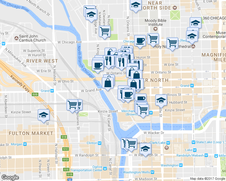 map of restaurants, bars, coffee shops, grocery stores, and more near 420 West Grand Avenue in Chicago