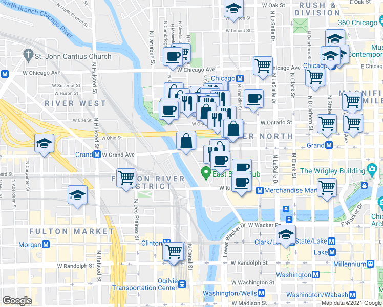 map of restaurants, bars, coffee shops, grocery stores, and more near 420 West Grand Avenue in Chicago