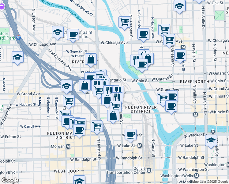 map of restaurants, bars, coffee shops, grocery stores, and more near 526 North Des Plaines Street in Chicago