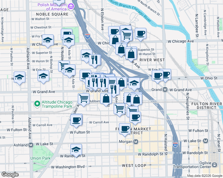 map of restaurants, bars, coffee shops, grocery stores, and more near 1123 West Ohio Street in Chicago