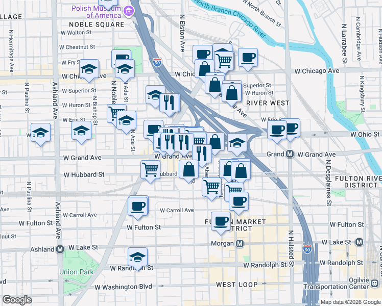 map of restaurants, bars, coffee shops, grocery stores, and more near 1123 West Ohio Street in Chicago