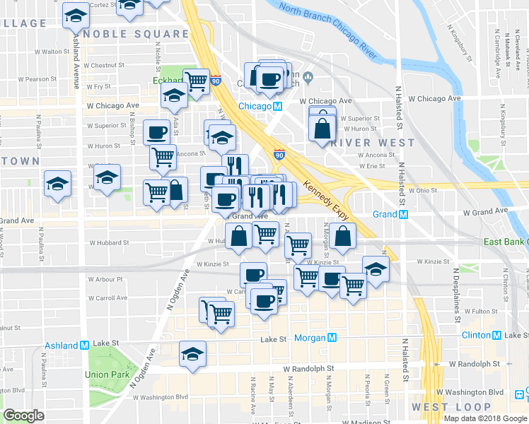 map of restaurants, bars, coffee shops, grocery stores, and more near 1123 West Ohio Street in Chicago