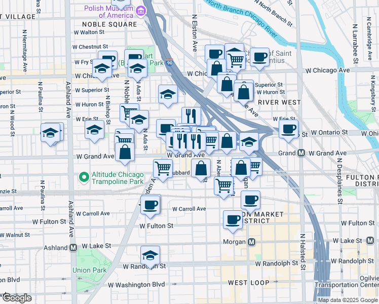 map of restaurants, bars, coffee shops, grocery stores, and more near 529 North Racine Avenue in Chicago