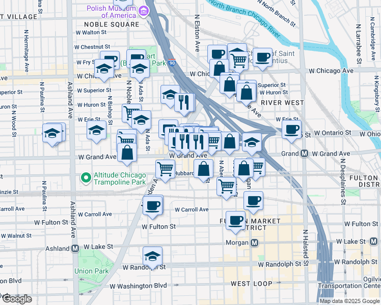 map of restaurants, bars, coffee shops, grocery stores, and more near 529 North Racine Avenue in Chicago