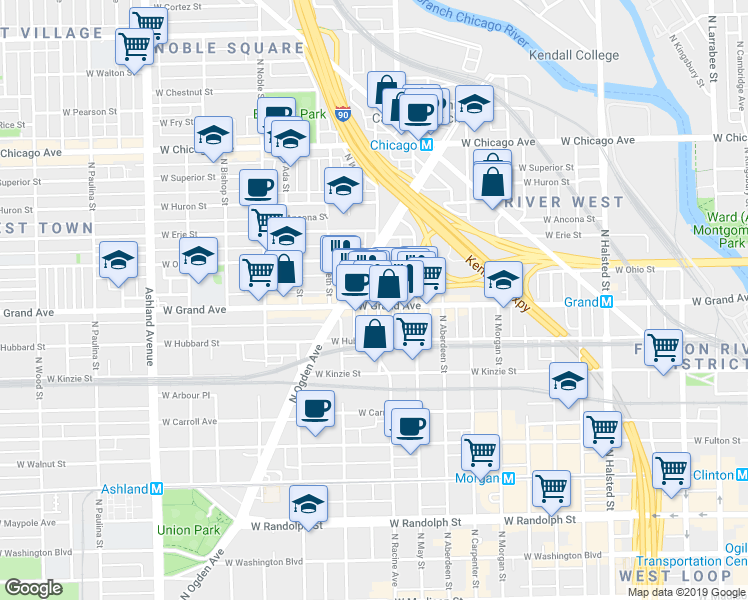 map of restaurants, bars, coffee shops, grocery stores, and more near 529 North Racine Avenue in Chicago