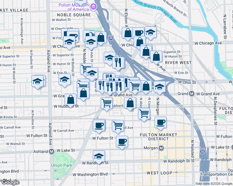 map of restaurants, bars, coffee shops, grocery stores, and more near 532 North Ogden Avenue in Chicago