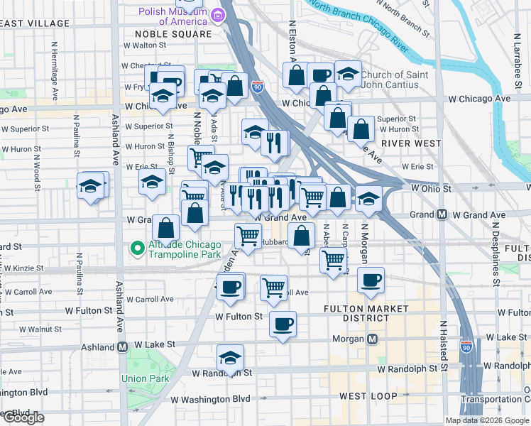 map of restaurants, bars, coffee shops, grocery stores, and more near 532 North Ogden Avenue in Chicago