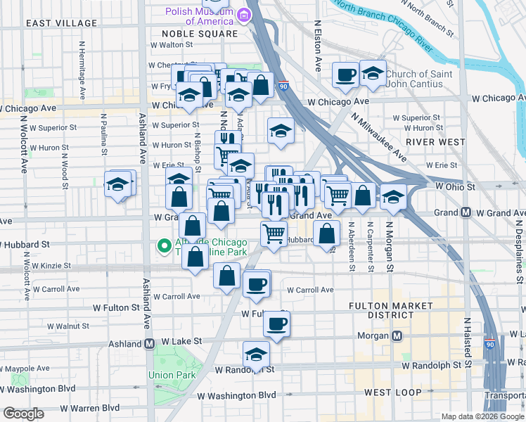 map of restaurants, bars, coffee shops, grocery stores, and more near 525 North Ada Street in Chicago