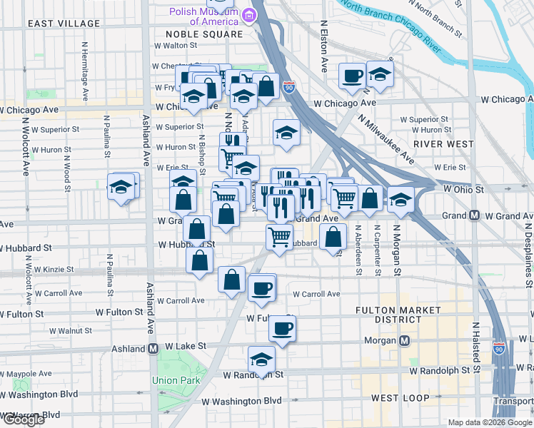 map of restaurants, bars, coffee shops, grocery stores, and more near 1305 West Ohio Street in Chicago