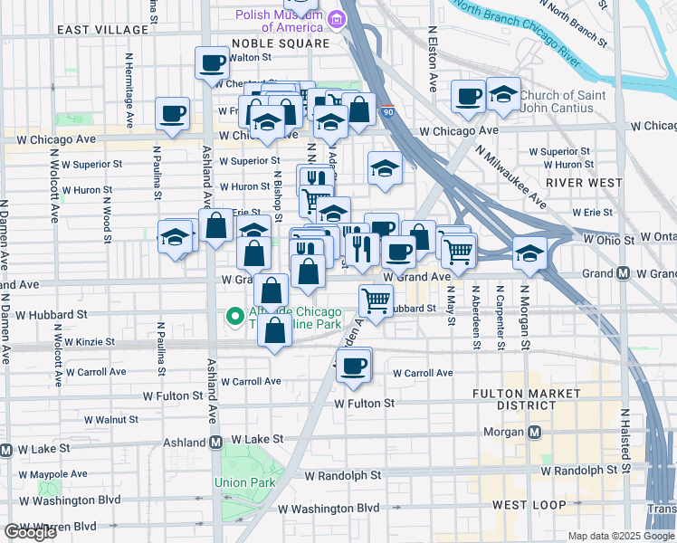 map of restaurants, bars, coffee shops, grocery stores, and more near 528 North Ada Street in Chicago